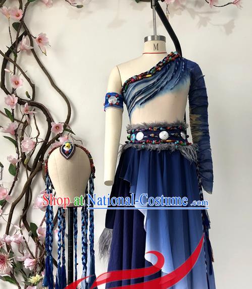 Chinese Ethnic Stage Performance Navy Dress Outfits Zang Nationality Folk Dance Costumes Tibetan National Minority Woman Clothing