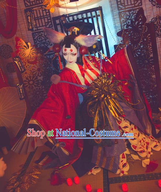 Custom Japanese Queen Kimono Clothing Cosplay Onmyoji Red Dress Halloween Garment Costume