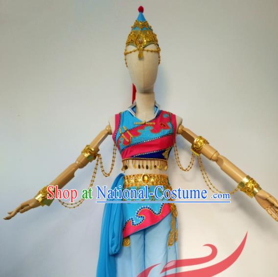 Chinese Ethnic Dance Blue Uniforms Mongol Minority Performance Garment Costumes Mongolian Nationality Female Solo Dance Clothing