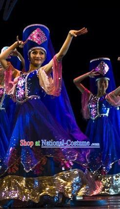 Chinese Tajik Nationality Female Group Dance Clothing Xinjiang Ethnic Dance Blue Dress Uniforms Tayikos Minority Performance Garment Costumes