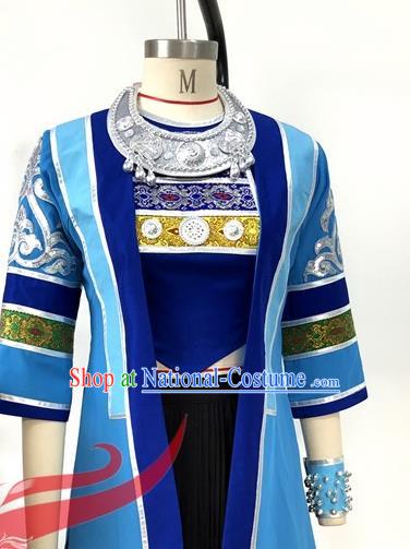 Chinese Ethnic Female Group Dance Blue Dress Uniforms Guizhou Minority Performance Garment Costumes Dong Nationality Folk Dance Clothing