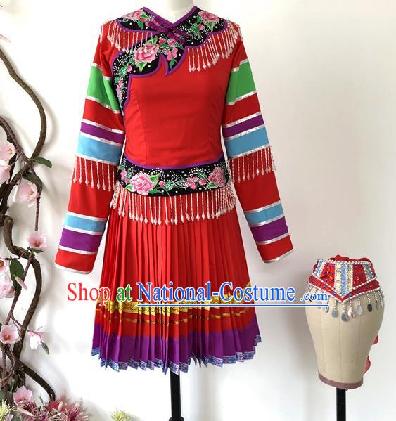 Chinese Dong Nationality Folk Dance Clothing Ethnic Female Group Dance Red Dress Uniforms Guizhou Minority Performance Wedding Garment Costumes