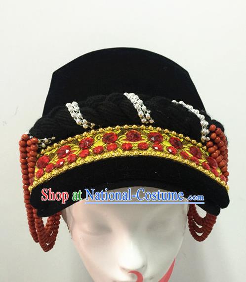 Top China Ethnic Stage Performance Headwear Yi Nationality Folk Dance Hair Accessories Minority Female Black Tile Hat