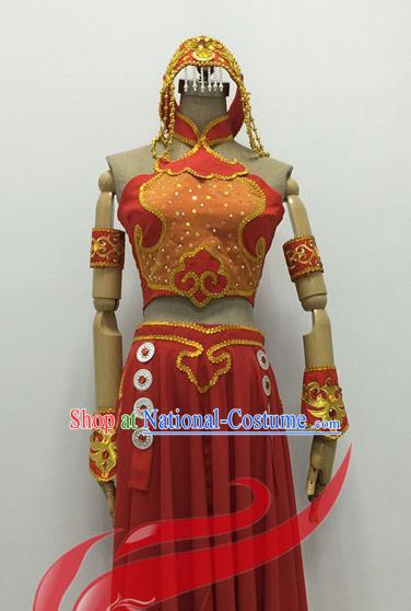 Chinese Mongolian Minority Performance Garment Costumes Mongol Nationality Folk Dance Clothing Ethnic Female Dance Red Dress Uniforms