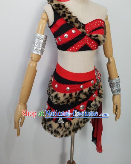 China Folk Dance Red Outfits Woman Group Dance Apparels Hunting Dance Uniforms Drum Dance Costumes