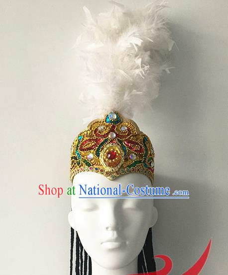 Top China Xinjiang Minority Female Feather Hat Ethnic Stage Performance Headwear Uyghur Nationality Folk Dance Hair Accessories