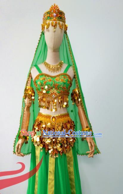 Chinese Uyghur Nationality Folk Dance Clothing Ethnic Female Dance Green Dress Uniforms Minority Arab Performance Garment Costumes