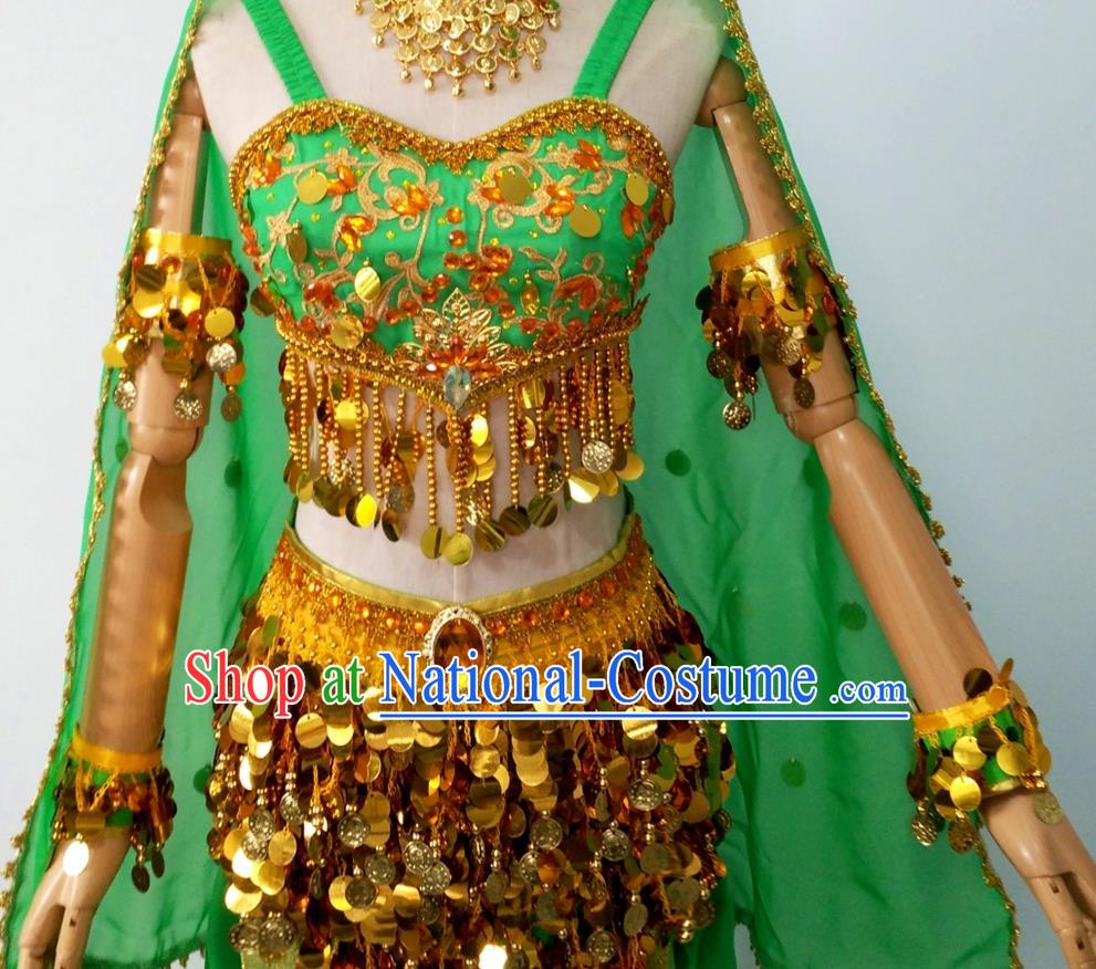 Chinese Uyghur Nationality Folk Dance Clothing Ethnic Female Dance Green Dress Uniforms Minority Arab Performance Garment Costumes