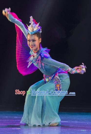 Chinese Classical Dance Garment Costumes Stage Performance Blue Outfits Female Group Sparrow Dance Clothing