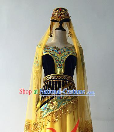 Top China Ethnic Stage Performance Headwear Uyghur Nationality Folk Dance Hair Accessories Xinjiang Minority Female Yellow Veil Hat