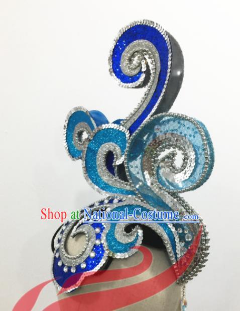 Top China Female Group Dance Blue Hair Crown Stage Performance Hat Headdress Classical Dance Hair Accessories