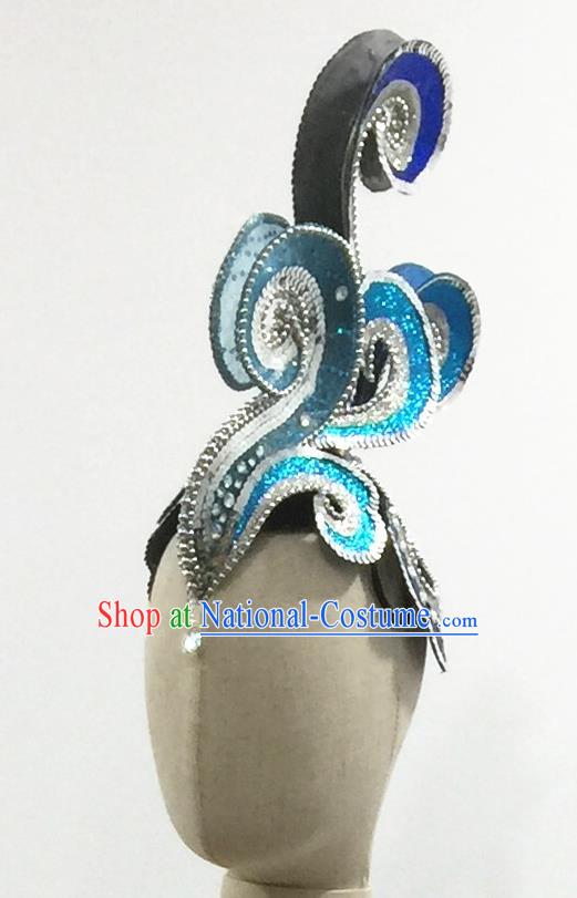 Top China Female Group Dance Blue Hair Crown Stage Performance Hat Headdress Classical Dance Hair Accessories