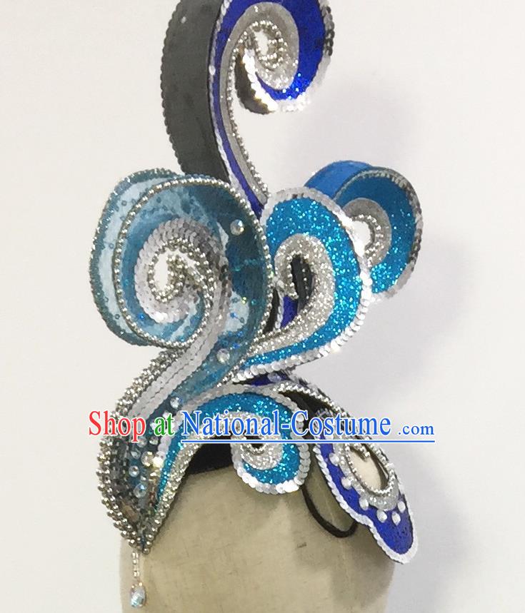 Top China Female Group Dance Blue Hair Crown Stage Performance Hat Headdress Classical Dance Hair Accessories