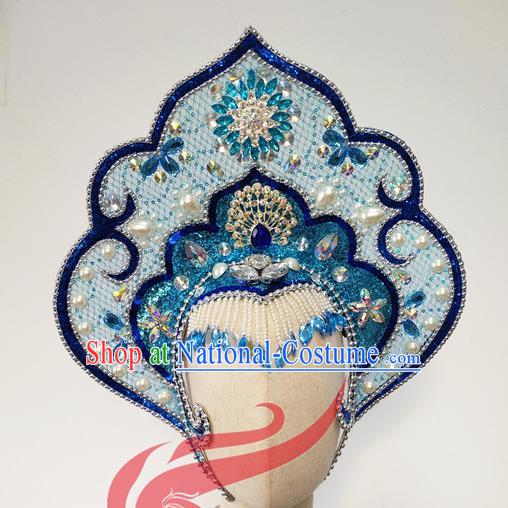 Top China Opening Dance Blue Hair Crown Woman Group Peony Dance Hair Accessories Spring Festival Gala Stage Performance Headdress