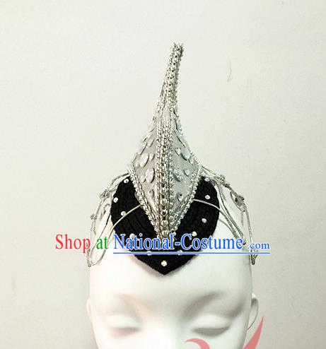 Top China Stage Performance Headdress Folk Dance Argent Hair Crown Female Group Dance Hair Accessories