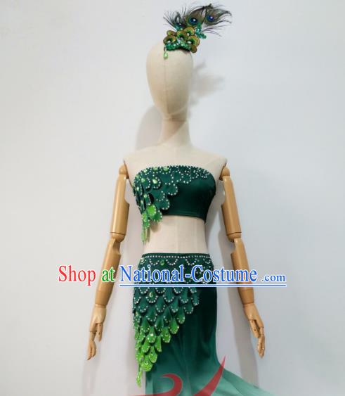 Chinese Yunnan Minority Performance Garment Costumes Dai Nationality Folk Dance Clothing Ethnic Peacock Dance Green Dress Uniforms