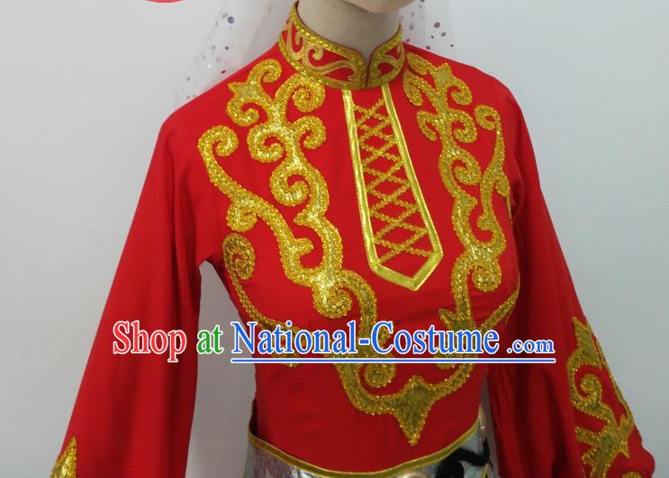 Chinese Xinjiang Minority Performance Garment Costumes Uyghur Nationality Folk Dance Clothing Ethnic Female Group Dance Red Uniforms