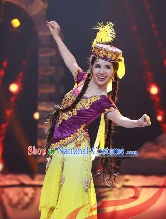 Chinese Ethnic Female Group Dance Purple Dress Uniforms Xinjiang Minority Performance Garment Costumes Uyghur Nationality Folk Dance Clothing