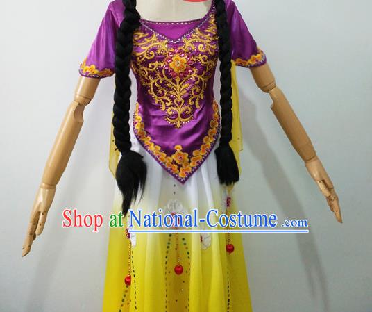 Chinese Ethnic Female Group Dance Purple Dress Uniforms Xinjiang Minority Performance Garment Costumes Uyghur Nationality Folk Dance Clothing