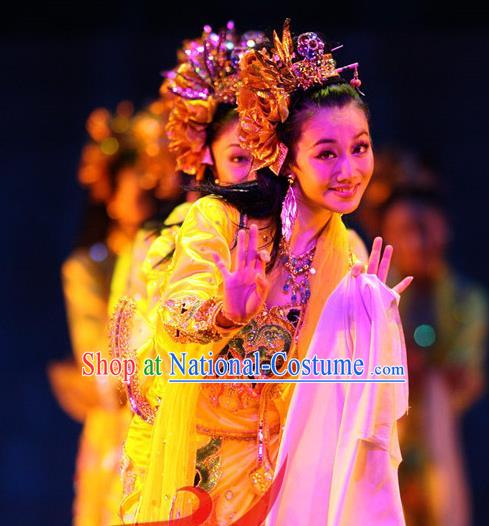 Chinese Minority Performance Garment Costumes Burma Nationality Folk Dance Clothing Female Group Dance Yellow Uniforms