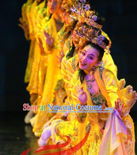 Chinese Minority Performance Garment Costumes Burma Nationality Folk Dance Clothing Female Group Dance Yellow Uniforms