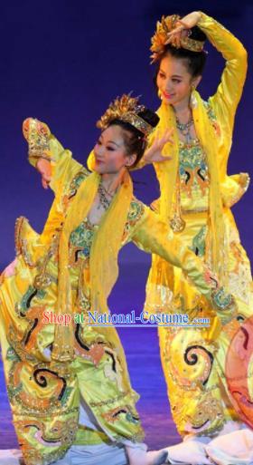 Chinese Minority Performance Garment Costumes Burma Nationality Folk Dance Clothing Female Group Dance Yellow Uniforms