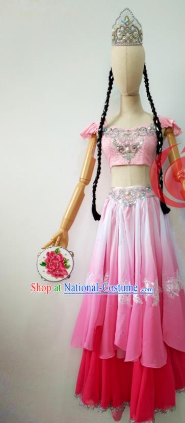 Chinese Ethnic Female Dance Pink Dress Uniforms Xinjiang Minority Performance Garment Costumes Uyghur Nationality Folk Dance Clothing