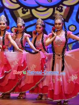 Chinese Ethnic Female Dance Pink Dress Uniforms Xinjiang Minority Performance Garment Costumes Uyghur Nationality Folk Dance Clothing