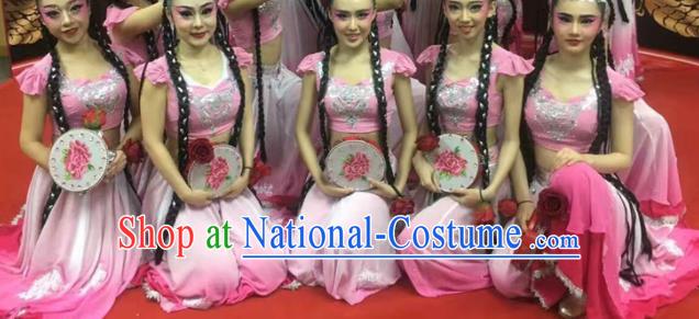 Chinese Ethnic Female Dance Pink Dress Uniforms Xinjiang Minority Performance Garment Costumes Uyghur Nationality Folk Dance Clothing