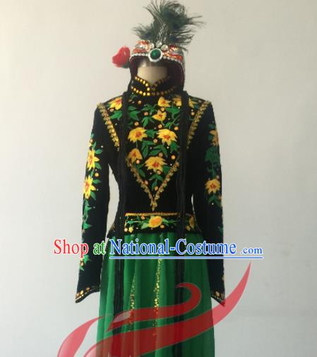 Chinese Uyghur Nationality Folk Dance Clothing Ethnic Female Dance Green Dress Uniforms Xinjiang Minority Performance Costumes