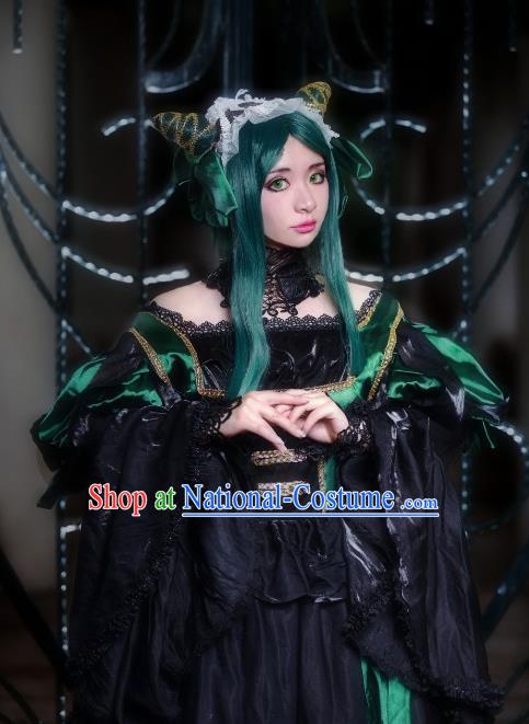 Custom Halloween Fancy Ball Garment Costume Gothic Queen Clothing Cosplay Witch Black Trailing Full Dress