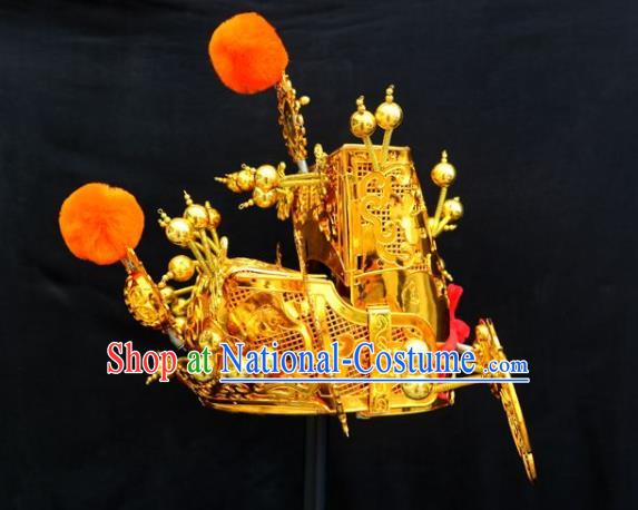 Chinese Ancient Wealth God Headwear Beijing Opera Laosheng Headdress Peking Opera Royal Highness Golden Hat