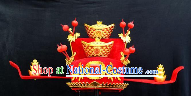 Chinese Beijing Opera Laosheng Headdress Peking Opera Royal Highness Red Hat Ancient Wealth God Headwear