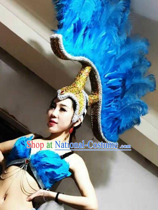 Top Carnival Stage Show Headpiece Halloween Cosplay Hair Accessories Brazil Parade Giant Headdress Catwalks Deluxe Blue Feather Hat