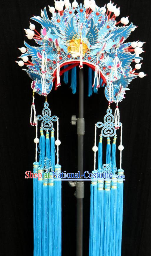 China Shaoxing Opera Empress Hat Beijing Opera Hua Tan Blue Phoenix Coronet Headdress Ancient Princess Helmet Hair Accessories