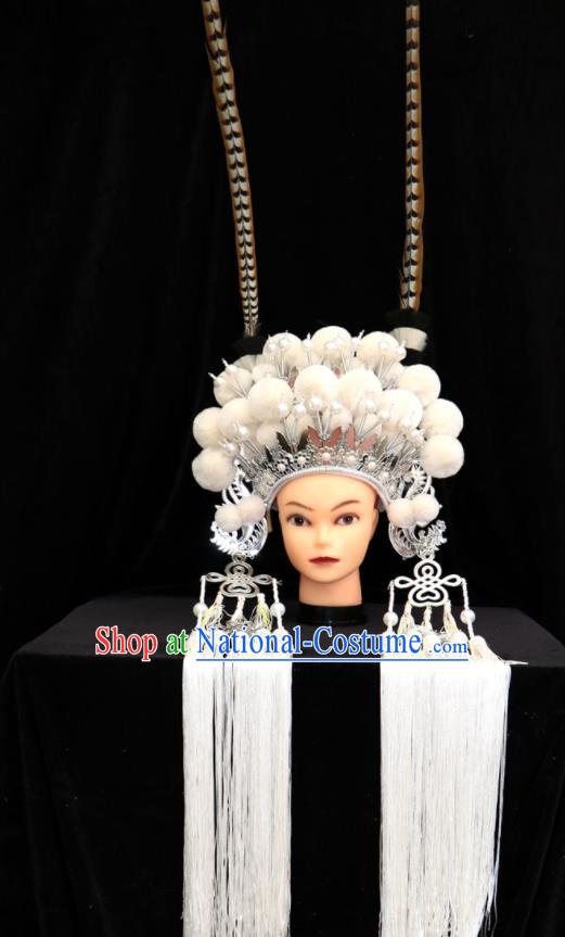 China Ancient Princess Hair Accessories Shaoxing Opera Actress White Venonat Hat Beijing Opera Hua Tan Phoenix Coronet Headdress