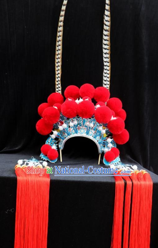 China Ancient Female General Hat Hair Accessories Peking Opera Mu Guiying Red Phoenix Coronet Beijing Opera Actress Headdress