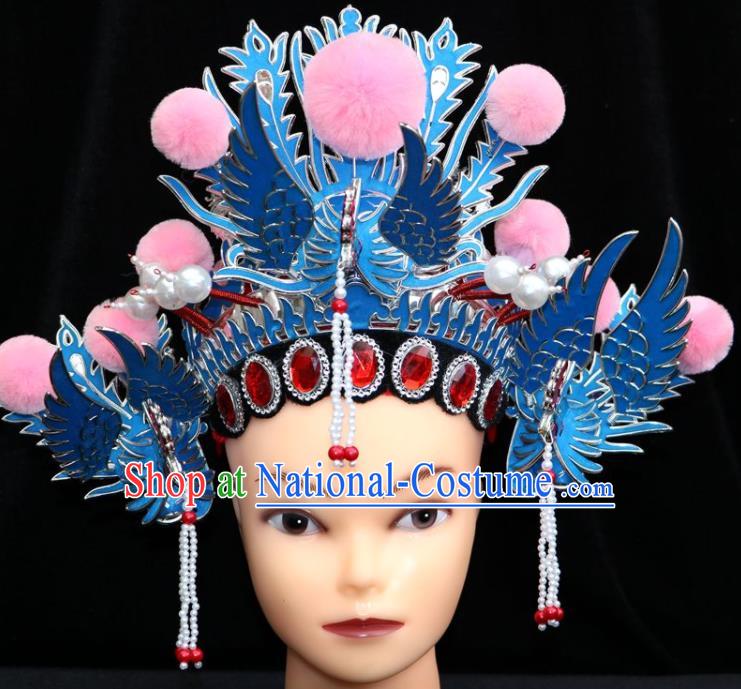 China Beijing Opera Children Headdress Ancient Swordswoman Hair Accessories Shaoxing Opera Actress Blue Phoenix Coronet