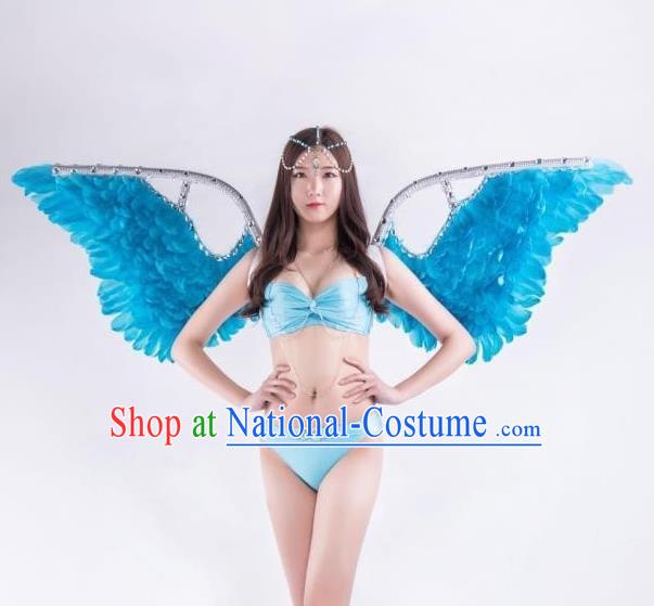 Custom Carnival Parade Accessories Miami Angel Catwalks Back Decorations Cosplay Fairy Blue Feathers Wings Halloween Performance Props Headdress