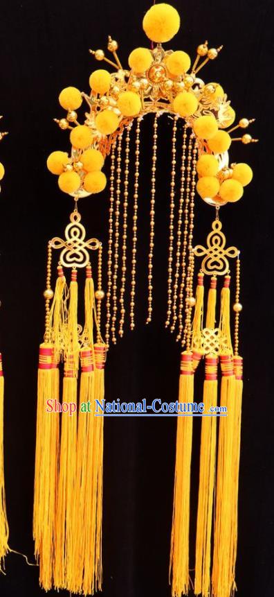 China Peking Opera Blues Yellow Phoenix Coronet Beijing Opera Swordswoman Headdress Ancient Female Knight Hair Accessories