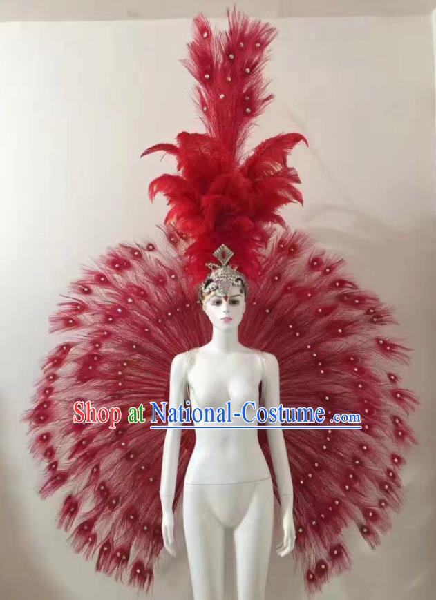 Custom Halloween Performance Red Feathers Wings Carnival Show Decorations Ceremony Catwalks Back Accessories Brazil Parade Props