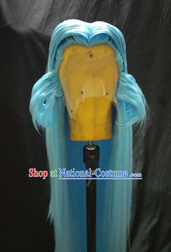 Handmade China Ancient Kawaler Blue Wigs Cosplay Swordsman Hairpieces Traditional Puppet Show Elderly Knight Headdress