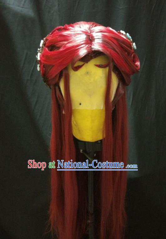 Chinese Cosplay Demon Princess Hair Accessories Traditional Puppet Show Swordswoman Red Wigs and Hair Sticks Ancient Heroine Hairpieces