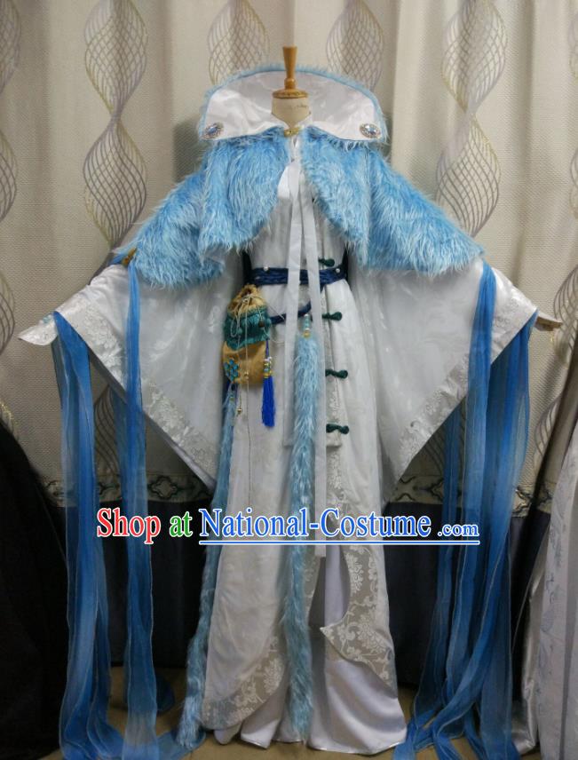 Chinese Ancient Taoist Priest White Robe Uniforms Traditional Cosplay King Clothing Puppet Show Swordsman Garment Costumes