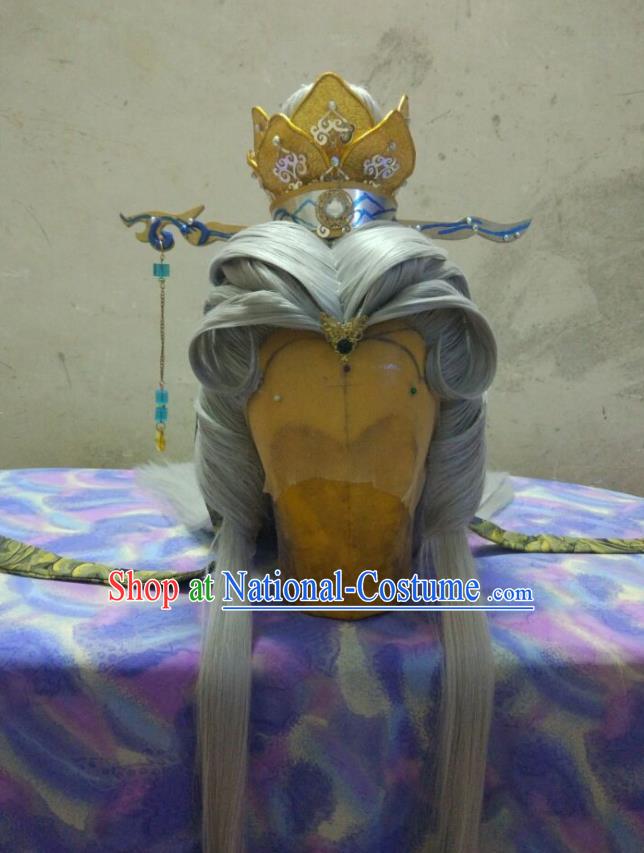 Handmade China Ancient Swordsman Gray Wigs and Lotus Hair Crown Cosplay Taoist Priest Hairpieces Traditional Puppet Show Su Huanzhen Headdress