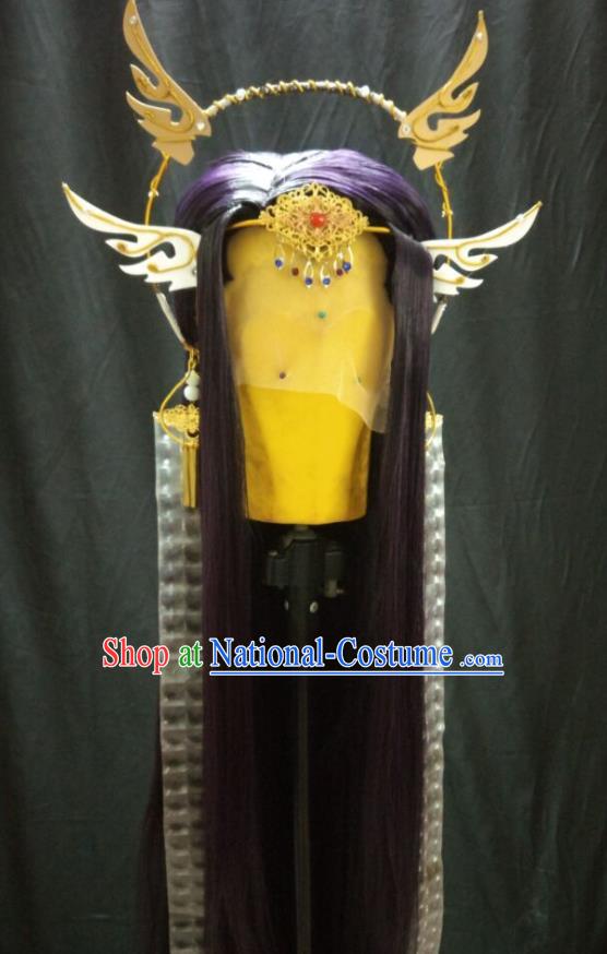 Handmade China Traditional Puppet Show Emperor Headdress Ancient Swordsman Purple Wigs and Hair Crown Cosplay Heaven Lord Hairpieces