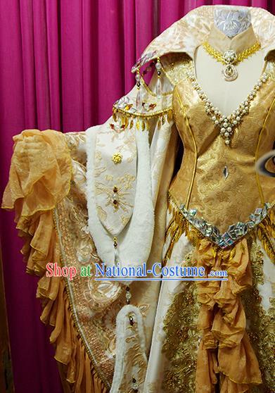 China Traditional Puppet Show Goddess Garment Costumes Ancient Empress Clothing Cosplay Fairy Queen Golden Dress Outfits