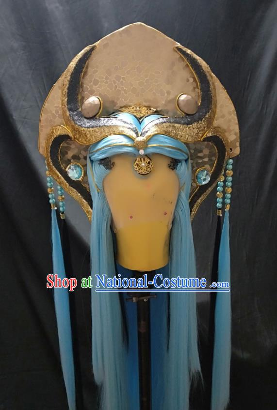 Handmade China Traditional Puppet Show Immortal Headdress Ancient Taoist Priest Blue Wigs and Hair Crown Cosplay Swordsman Hairpieces