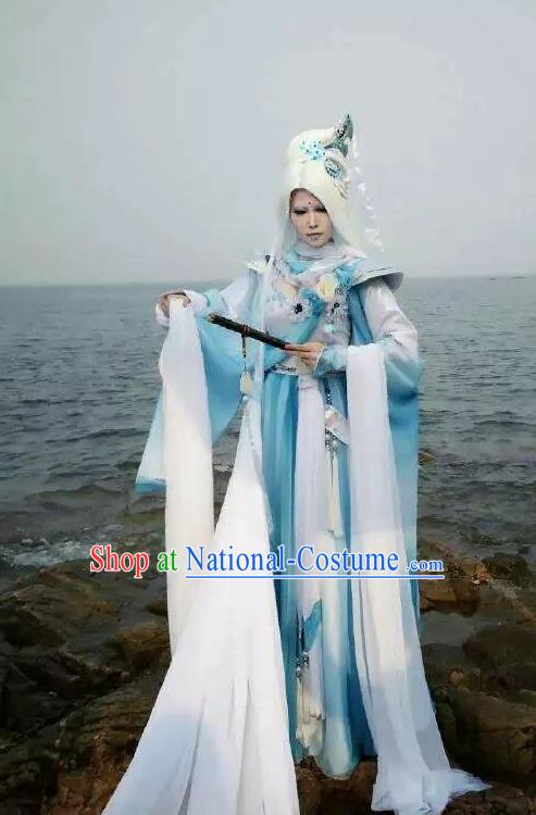 Chinese Puppet Show Swordsman Garment Costumes Ancient Taoist Priest Blue Robe Uniforms Traditional Cosplay Immortal Clothing