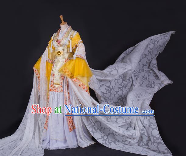 China Ancient Queen Clothing Cosplay Fairy Princess Yellow Dress Outfits Traditional Puppet Show Empress Feng Cailing Garment Costumes